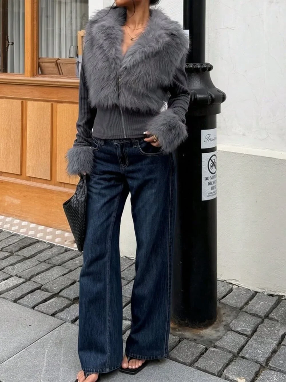 Dark Grey Casual Women's Street Style Faux Fur Zip-Up Long Sleeve Jacket